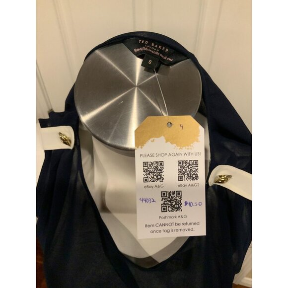 Ted Baker Navy Blue White Sheer Sleeveless Adilene Top, Size Small - Picture 4 of 6